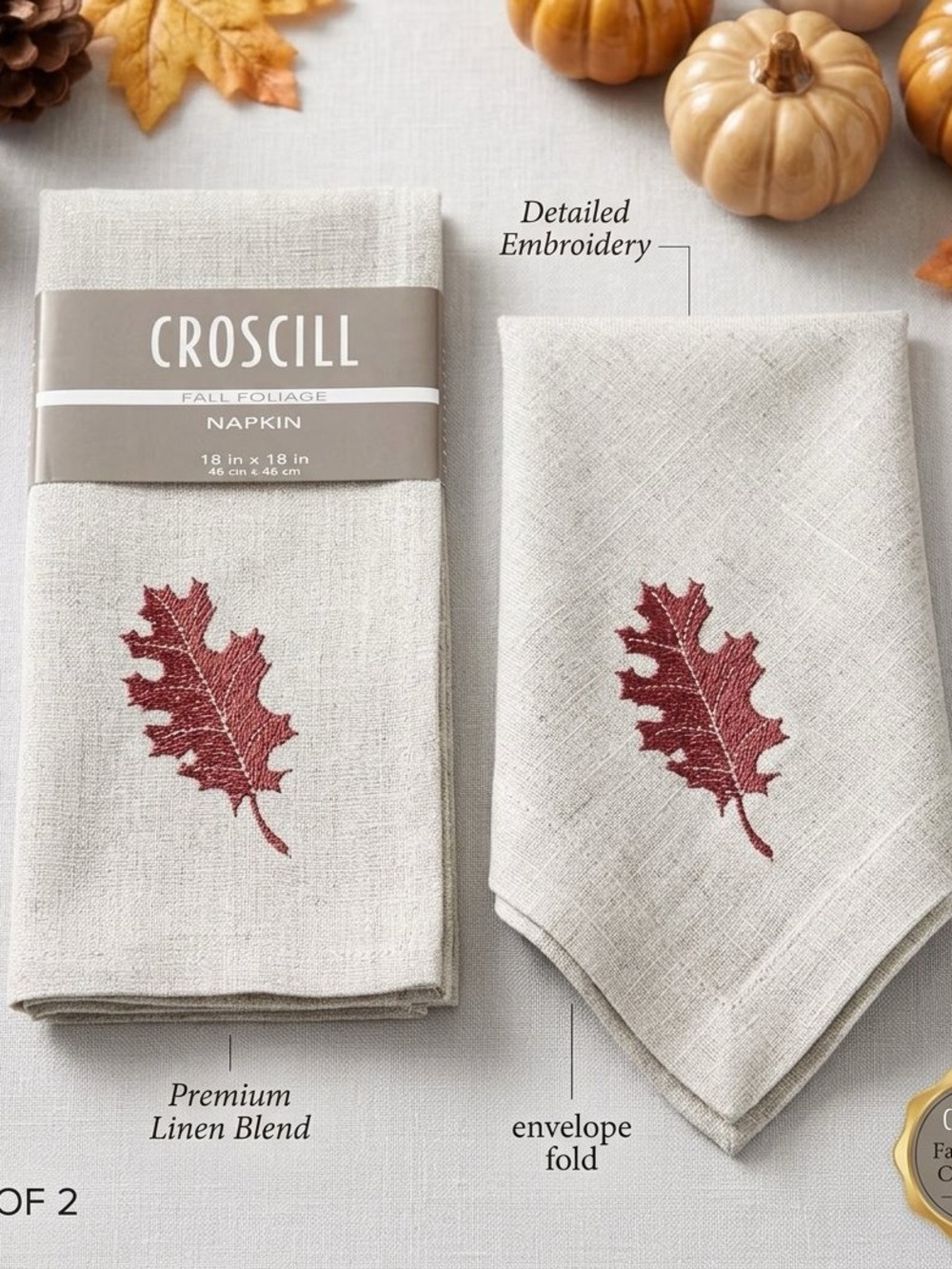 Croscill Fall Foliage Cloth Napkins Set of 2 Embroidered Oak Leaf Linen 18"